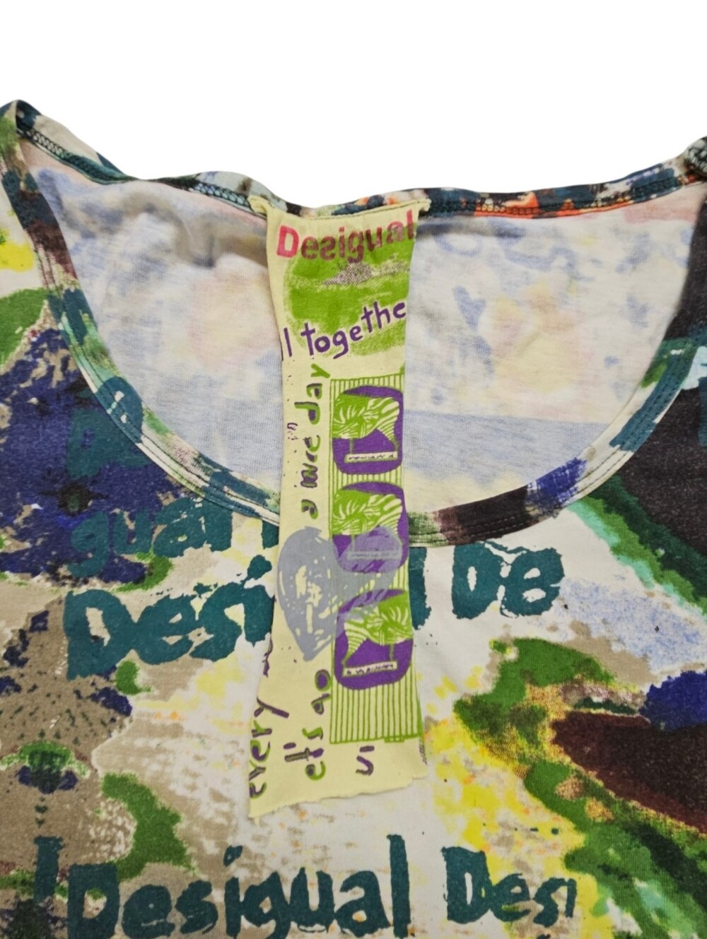 Desigual Cotton Cap Sleeve Printed Graphic Tee In Green Multi Size Small - Picture 4 of 6